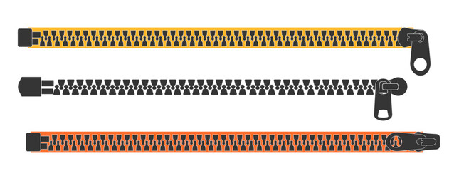 Zipper silhouette, set zipper lock or unlock. Fastener slide with puller. Split cloth pulling zip. Collection Apparel accessories simple drawing. © Alyona