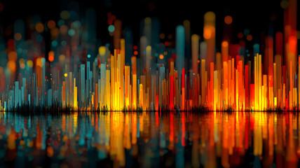 Obraz premium Abstract Cityscape At Night With Glowing Colorful Structures And Water Reflection