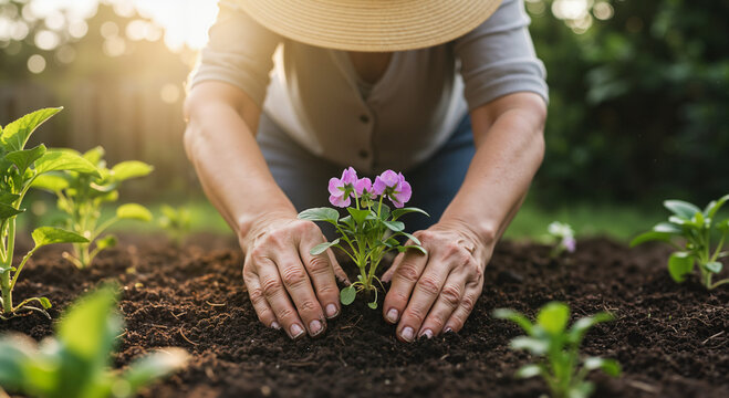 Woman planting flowers in garden soil during sunny afternoon  