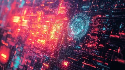 Abstract Digital Circuitry: Neon Glow in Red and Blue