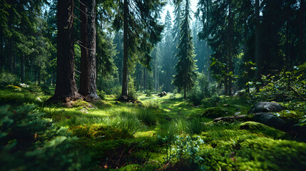 Obraz premium Serene forest scene with sunlight filtering through tall trees, casting dappled light on lush green undergrowth and moss covered ground, creating peaceful atmosphere