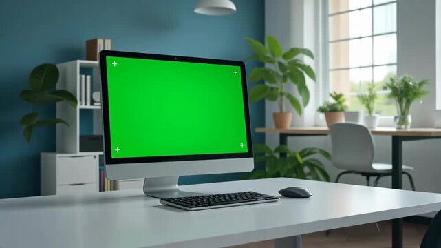 Modern office workspace with desktop computer and indoor plants at bright window