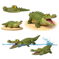 Fototapeta premium Set of 3D cartoon crocodile and alligator characters. Collection of green reptiles swimming, floating, and relaxing in the water. Swamp animal mascot isolated on transparent background.