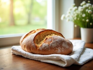 Rustic bread loaf resting on cloth in natural sunlight
