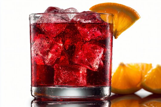 Red cocktail with ice cubes and orange slice on reflective surface