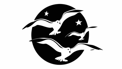 Fototapeta premium Illustration of a black circle with white seagulls and stars in a monochrome color scheme design art silhouette