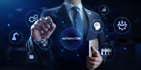 Automation Innovation technology concept. Businessman pressing button on screen.