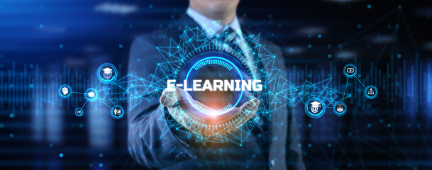 E-learning Online learning distance education concept. Businessman pressing button on screen.