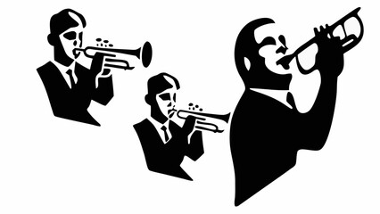 Three musicians in suits playing trumpets in black and white minimalist illustration style image design silhouette