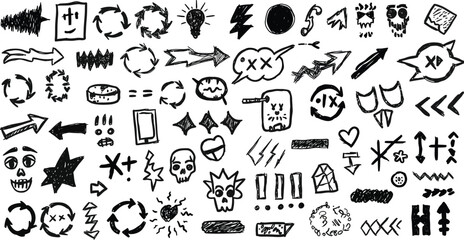 Obraz premium Collection of black hand drawn doodle icons and symbols on white background black and white