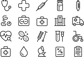 Set of medical and healthcare icons, including doctor's tools, hospital symbols, medicine, and first aid in a linear style