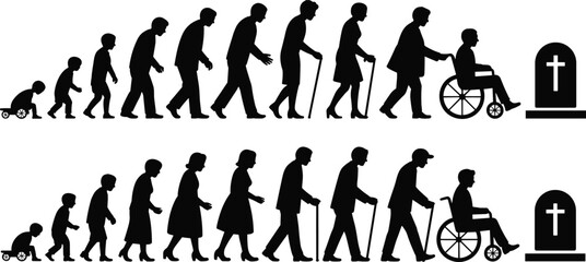 Human life cycle, silhouette stages, aging process, birth to death, male and female, conceptual art, evolution, mortality, timeline, aging