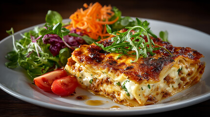 Lasagna with 100% Ground Beef, Tomato Sugo, Parmesan, Mozzarella, Mixed Leaf Salad, Shaved Raw Vegetables, and Carrot-Ginger Dressing