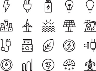 A modern collection of minimalist line art icons for electricity, sustainable energy, and renewable power sources