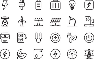 A modern collection of minimalist line art icons for electricity, sustainable energy, and renewable power sources