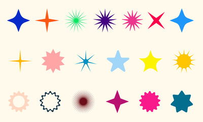 Editable colorful starburst and sparkle shapes in flat graphic vector set for modern digital design
