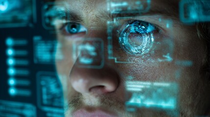 Man's Eye with Futuristic Augmented Reality Interface, Digital Overlay