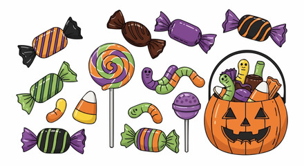 Naklejka premium Halloween candy set. Holiday sweets collection. Vector illustrations 