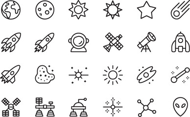 Fototapeta premium A diverse set of minimalist line art icons representing space exploration and celestial bodies