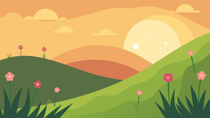 Gentle Hills and Wildflowers Glowing in Warm Light Scenic Beauty