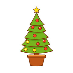 Cute cartoon decorated christmas tree with red baubles and yellow star in a pot isolated on transparent background