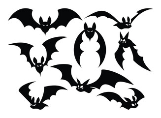 Collection of different flying bat silhouettes, perfect for Halloween, spooky, or horror designs. Vector cartoon illustration