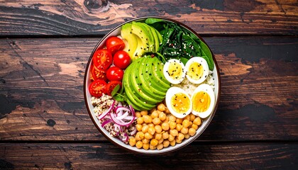 Nutritious quinoa bowl with avocado, eggs, and vegetables