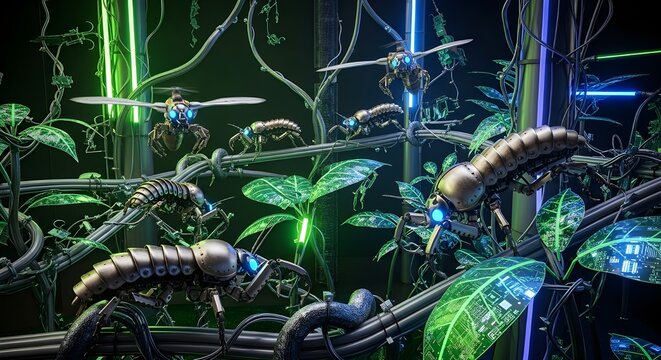 Biomechanical insects crawl and fly through a futuristic jungle illuminated by vibrant green and blue neon lights.