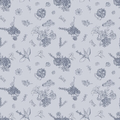 Floral seamless pattern with watercolor hand-painted asters, immortelle, and lavender in blue-gray color palette. Cute cottage style design for fabric, wallpaper, wrapping paper, scrapbooking