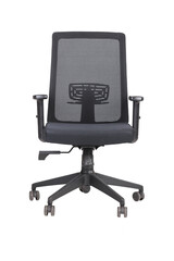 Ergonomic black office chair with adjustable armrests, mesh backrest, and headrest, designed for modern workspace comfort and lumbar support