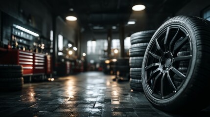 A dimly lit garage with stacked tires and a focused foreground on a sleek black wheel.