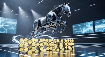A powerful cybernetic horse leaping over a digital obstacle in a high-tech arena, representing future innovation.
