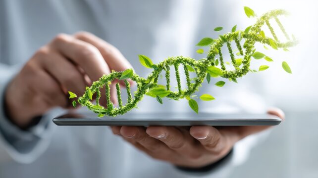 healthcare treatment sustainability. Innovative DNA concept merging technology and nature on a digital tablet.