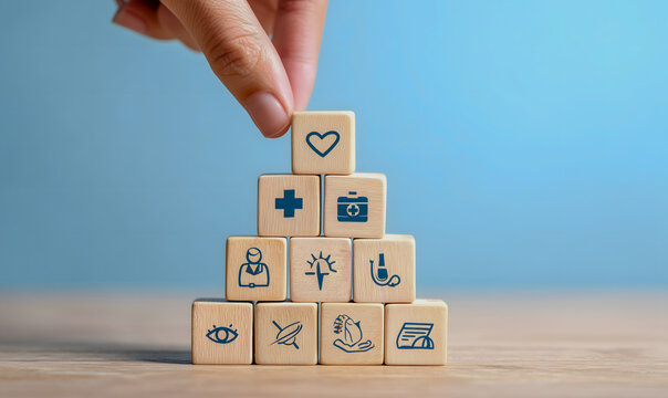 Medical Services Planning Concept with Wooden Icon Blocks – Generative AI