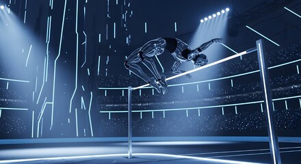 Naklejka premium A chrome cyborg athlete soars over the high jump bar, a metaphor for ambition and technological evolution in a digital world.