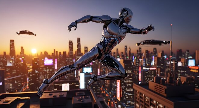 Advanced humanoid robot running on a skyscraper overlooking a futuristic urban landscape at sunset.