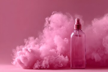Pink smoke emerges from the spray bottle, against a pink background with a simple design. The hairstyle is also pink.