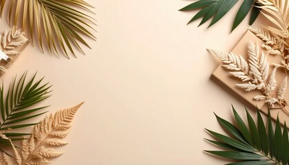Naklejka premium Lush greenery arrangement studio setting botanical display minimalistic environment top-down view nature aesthetic for interior design