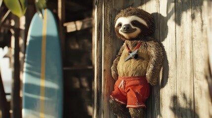 Realistic sloth in red lifeguard outfit with whistle,