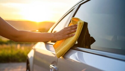 Meticulous Car Detailing in the Warm Glow of a Golden Sunset