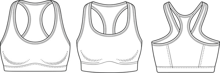 Sports Bra Fashion Flat Sketch for Activewear Apparel, Technical Drawing, Front, Side, and Back View, Vector Illustration for Clothing Design
