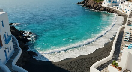 Fototapeta premium Scenic coastal cove with turquoise water white buildings and rocky cliffs in Mediterranean style