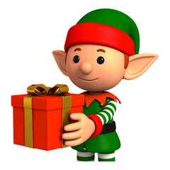 A cheerful Christmas elf presents a festively wrapped gift.