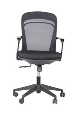 Ergonomic black office chair with adjustable armrests, mesh backrest, and headrest, designed for modern workspace comfort and lumbar support