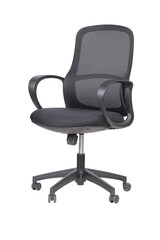 Ergonomic black office chair with adjustable armrests, mesh backrest, and headrest, designed for modern workspace comfort and lumbar support