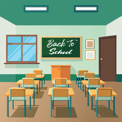 Back To School Classroom with Desks chairs and supplies in an empty room