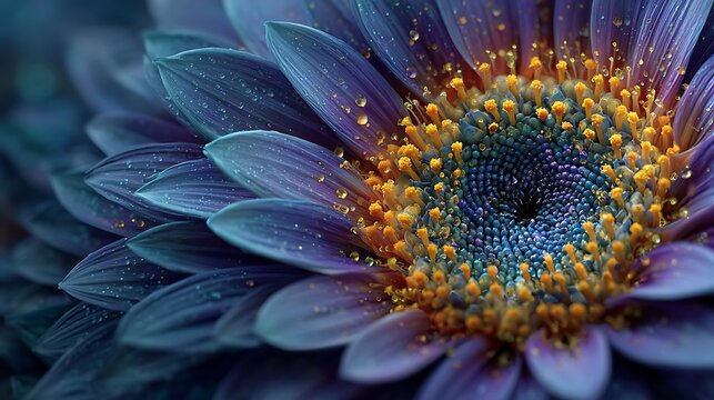 Close up macro view of a vibrant purple daisy with dew drops and golden center
