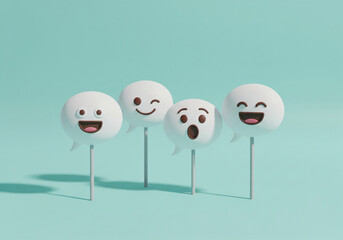 3D Chat Bubble Emoji Faces on Sticks with Various Expressions – Happy, Winking, Surprised, Laughing – Minimal Pastel Background