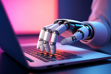 Robotic hand typing on a laptop keyboard with futuristic neon lighting