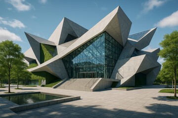 Exterior view of a modern building with geometric design and greenery